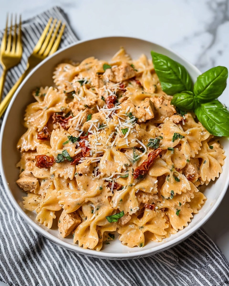 A large white bowl filled with creamy bowtie pasta mixed with small pieces of light brown chicken and bits of red sun-dried tomatoes. The pasta is coated in a smooth, pale orange sauce with green herbs scattered throughout. Shredded white cheese is sprinkled on top, and two fresh green basil leaves rest at the edge of the bowl. The bowl sits on a striped gray and white cloth on a white marbled surface, with a gold fork nearby. photo taken with an iphone --ar 4:5 --v 7