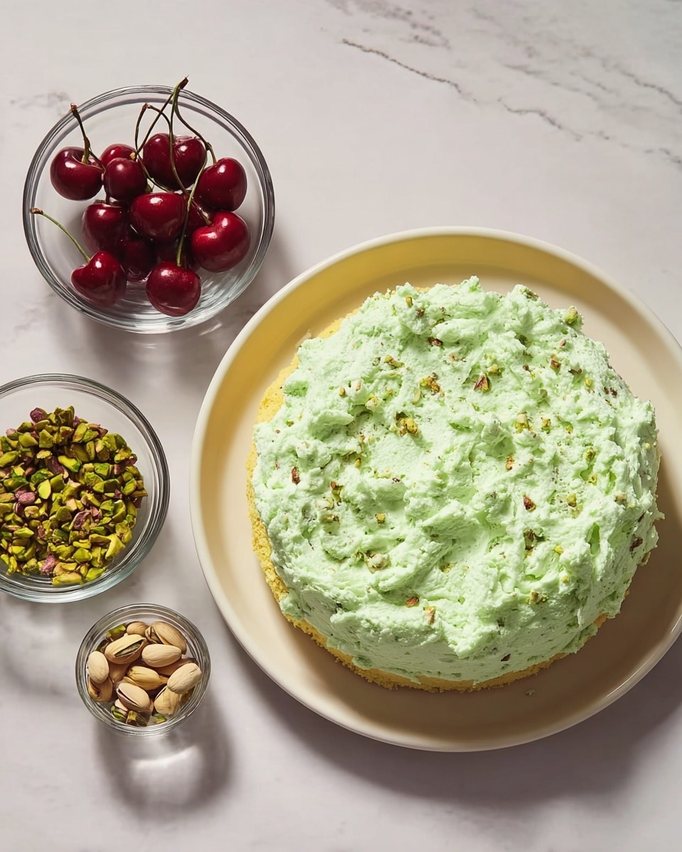 A round cake with one thick layer is shown on a white plate, the cake layer is yellowish with a rough texture, topped with a thick, fluffy layer of light green frosting that has tiny bits of darker green throughout, giving it a creamy and slightly chunky look. To the left of the plate, there are two small clear glass bowls, one filled with bright red cherries with stems and the other filled with chopped green pistachios, both sitting on a white marbled surface. The whole setup has soft natural light, creating gentle shadows. photo taken with an iphone --ar 4:5 --v 7