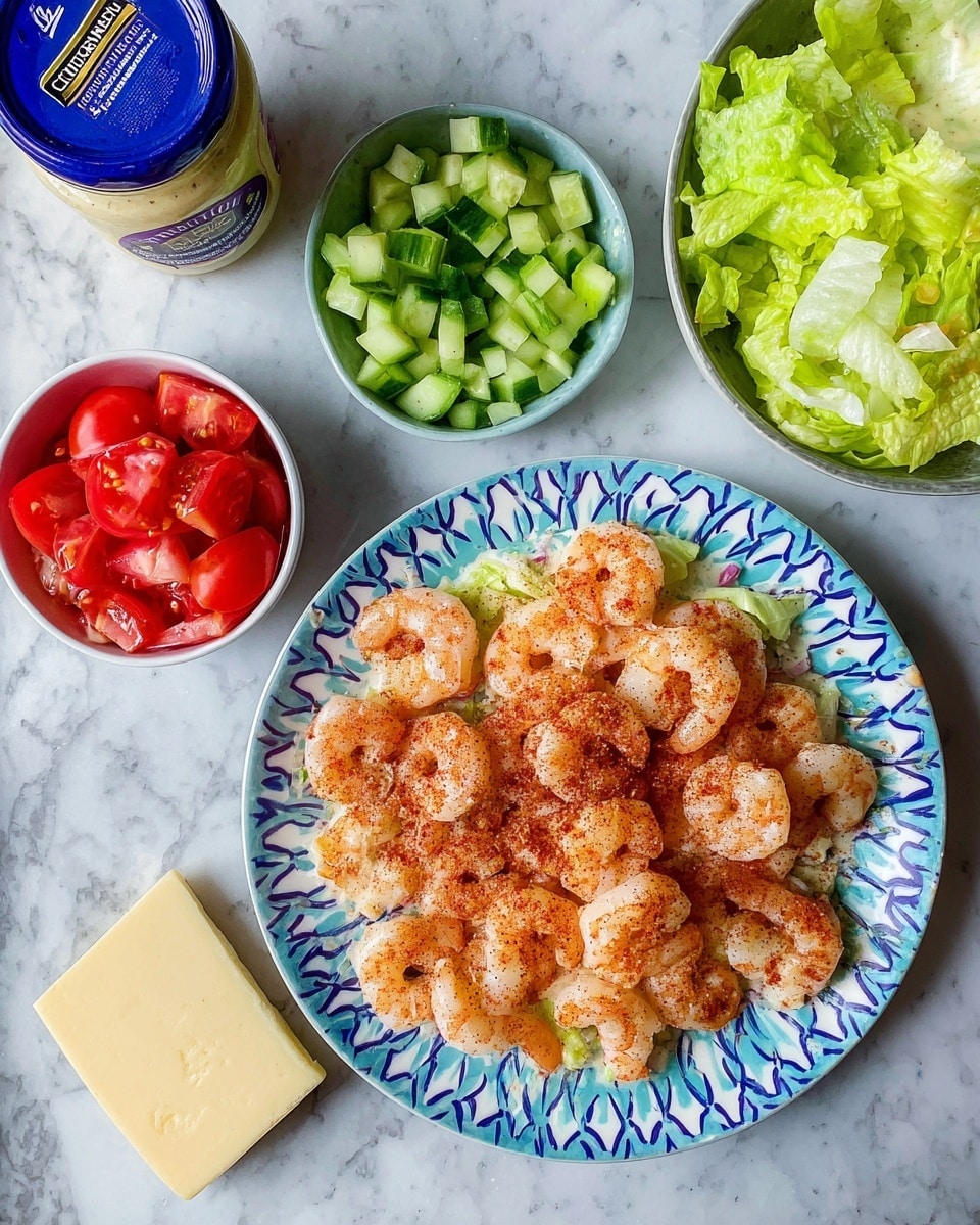 The image shows a white plate with blue geometric patterns filled with a layer of light pink shrimp sprinkled with reddish seasoning. Surrounding the plate are three small bowls: one with chopped green cucumber, another with chopped red tomatoes, and the third with light green lettuce. There is also a small wedge of pale yellow cheese next to the plate and a jar of Caesar dressing with a blue lid placed above the shrimp. The background is a white marbled texture. photo taken with an iphone --ar 4:5 --v 7