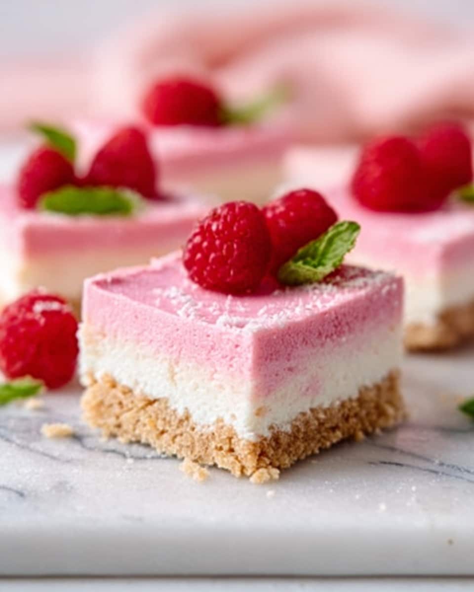 The image shows a square dessert with three clear layers placed on a white marbled surface. The bottom layer is crumbly and light brown, resembling a biscuit or cookie crust. The middle layer is smooth and pale pink, thick and even. The top layer is creamy white, lighter and slightly thicker than the pink layer. On top of each dessert square, there are bright red raspberries and small fresh green mint leaves, adding color and freshness. The dessert pieces are arranged softly in the background with a soft, blurred light pink cloth. Photo taken with an iphone --ar 4:5 --v 7