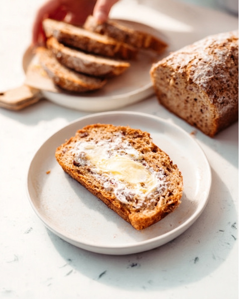 A slice of brown bread with specks of darker grains is placed on a white round plate. The bread slice is thick and has a spread of melted butter with a slightly creamy texture on top, showing soft and smooth white and light yellow tones. The slice rests on a white marbled surface, and in the background, there is a white plate holding a loaf of the same bread, cut in uneven slices. A woman's hand is gently touching the long loaf near the back. The whole scene is bright with natural light, highlighting the warm tones of the bread and butter. photo taken with an iphone --ar 4:5 --v 7