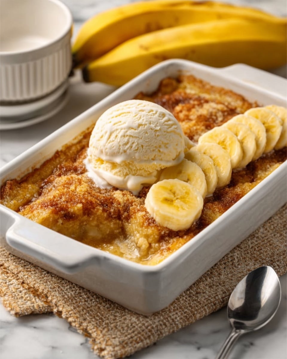 The image shows a white rectangular dish filled with a warm, golden-brown baked dessert that looks soft and slightly crumbly on top. On the right side of the dish, there is a neat row of sliced light yellow bananas placed flat. Next to the bananas, there is a large scoop of creamy vanilla ice cream with a smooth texture sitting on top of the dessert. The dish is on a white marbled surface with a textured tan cloth underneath. In the background, there are whole bananas and a blurred white bowl. A silver spoon is placed to the right of the dish. The photo taken with an iphone --ar 4:5 --v 7