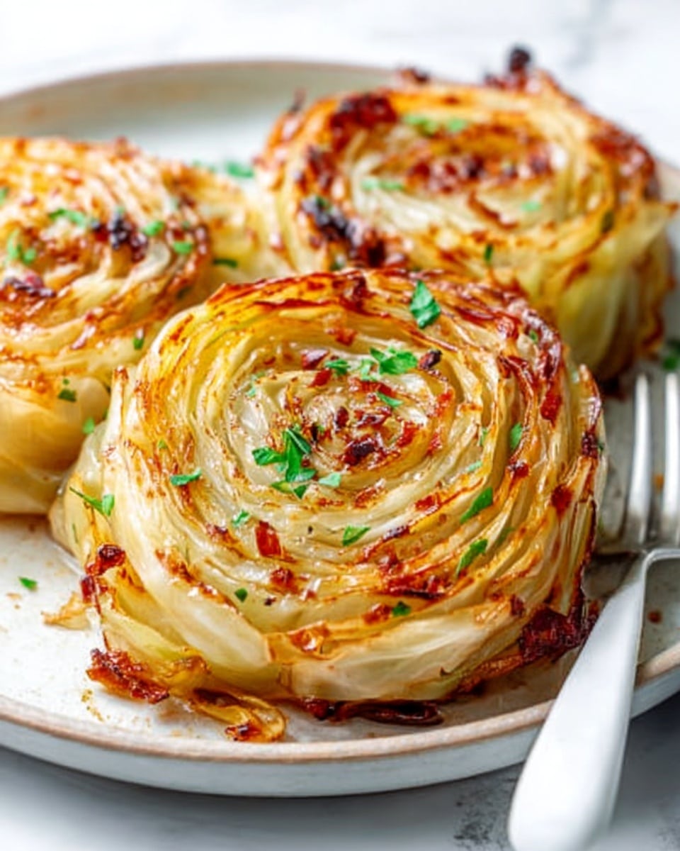 The image shows a close-up of three round, layered cabbage rolls on a white plate. Each roll has many thin, caramelized layers of cabbage that look soft and slightly browned with crispy edges. Green bits of herbs are sprinkled on top, adding a fresh touch. The rolls are arranged close together with a white fork placed near the front right side. The plate rests on a white marbled surface, and the lighting highlights the textures of the cabbage layers. Photo taken with an iphone --ar 4:5 --v 7