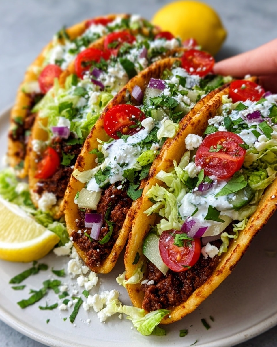 The image shows three tacos placed side by side on a white plate with a white marbled background. Each taco has a golden, slightly crisp flatbread folded around multiple layers starting with a dark brown ground meat base, topped with shredded green lettuce. Above the lettuce are slices of bright red cherry tomatoes, scattered diced purple onions, and small chunks of light green cucumbers. The tacos are finished with a white creamy sauce drizzled on top and sprinkled with white crumbled cheese and chopped fresh green herbs. A woman's hand is holding one taco slightly, and a lemon wedge sits behind the tacos on the plate. Photo taken with an iphone --ar 4:5 --v 7