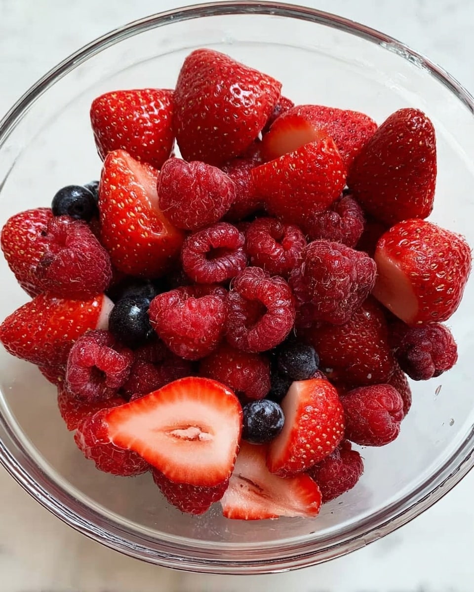 The image shows a close-up of a bowl filled with mixed berries. The top layer contains bright red strawberries, some whole and some sliced in half showing their juicy red insides and small seeds. Below the strawberries, there are some darker red raspberries and a few small blueberries, creating a varied texture with their bumpy and smooth surfaces. The bowl is clear glass, placed on a white marbled surface, which adds a clean and fresh background to the colorful fruit photo taken with an iphone --ar 4:5 --v 7
