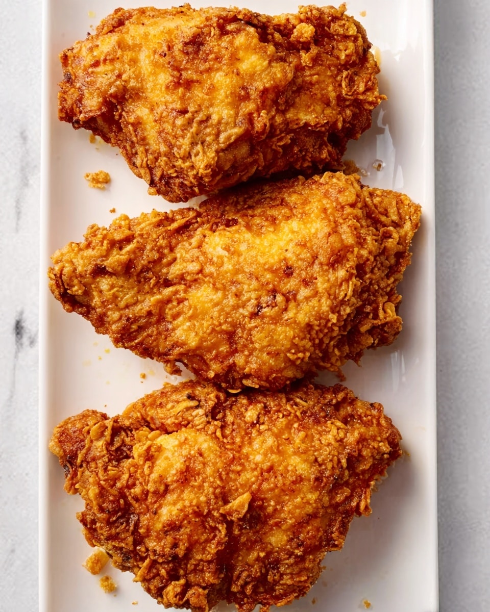Three pieces of crispy fried chicken are placed in a vertical row on a white rectangular plate. The fried chicken is golden brown with a rough, crunchy texture showing small bumps and flakes all over. The plate sits on a white marbled surface, and a few small crumbs are scattered around the chicken pieces. The chicken pieces are slightly different in size but all look juicy inside with a crunchy outer layer. Photo taken with an iphone --ar 4:5 --v 7