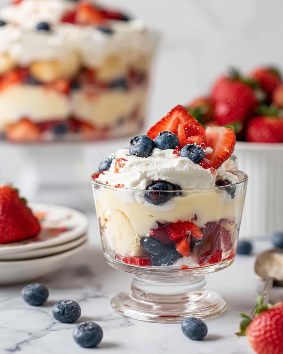 The image shows a clear glass dessert bowl filled with a layered berry trifle. The bottom layer is light creamy custard, followed by a mix of fresh, bright red sliced strawberries and deep blue blueberries. Above the berries, there is a thick white whipped cream layer, topped again with scattered blueberries and a strawberry slice. Some blueberries and strawberry slices are visible inside the glass, showing the different textures and colors stacked. Around the bowl, loose blueberries and strawberries rest on a white marbled surface. In the background, a taller trifle dish with similar layers and more strawberries and blueberries is visible, along with a white bowl filled with strawberries. Photo taken with an iphone --ar 4:5 --v 7