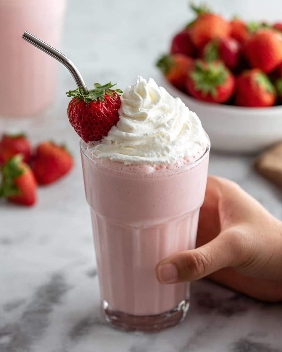 A clear glass filled with a smooth, light pink strawberry milkshake sits in a woman's hand. The milkshake has a thick layer of white whipped cream swirled on top. A bright red fresh strawberry with green leaves is placed on the rim of the glass. A metal straw is inserted on the left side into the milkshake. In the background, there is a white bowl filled with whole strawberries and another glass of the same pink milkshake. The setting is on a white marbled surface. photo taken with an iphone --ar 4:5 --v 7