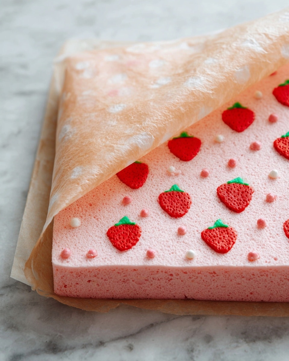 A thin square pink cake layer is shown with small red strawberry shapes and tiny pink dots spread evenly across its surface. A piece of thin parchment paper with light brown spots is being peeled back, partially covering the cake. The texture of the cake looks soft and sponge-like, and it lies flat on a white marbled surface. photo taken with an iphone --ar 4:5 --v 7