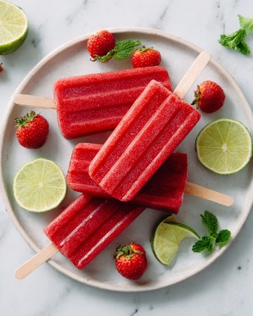 The image shows three red popsicles on a round white plate. The popsicles have a smooth texture with slight ridges and wooden sticks at the bottom. Around the plate, there are small red strawberries with green leaves and a light green lime cut in half, with some mint leaves scattered nearby. The background is a white marbled surface. Photo taken with an iphone --ar 4:5 --v 7