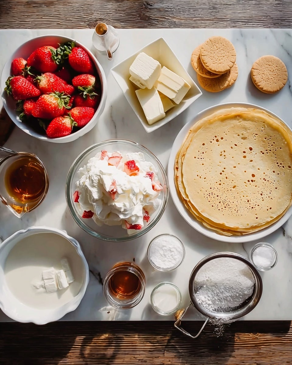 A top view of ingredients for making a layered strawberry dessert is shown on a white marbled surface. On the right side, there is a white plate with a stack of three thin, light golden crepes with small holes visible on the surface. Next to it, there is a small pile of round light brown biscuits on a white plate. A small clear glass bowl in the center holds fluffy white whipped cream with some small red bits mixed in. To the left, there is a bowl of halved fresh red strawberries with green stems, and above it, a white square bowl holds blocks of pale cream cheese. Next to it, there is a small white bowl with thick white cream. Scattered around are small glass containers with white sugar, salt, and brown spices, and a small brown jug with amber syrup. A fine sieve with powdered sugar sits in the front right corner. The whole scene is brightly lit, showing clear textures and fresh colors, photo taken with an iphone --ar 4:5 --v 7