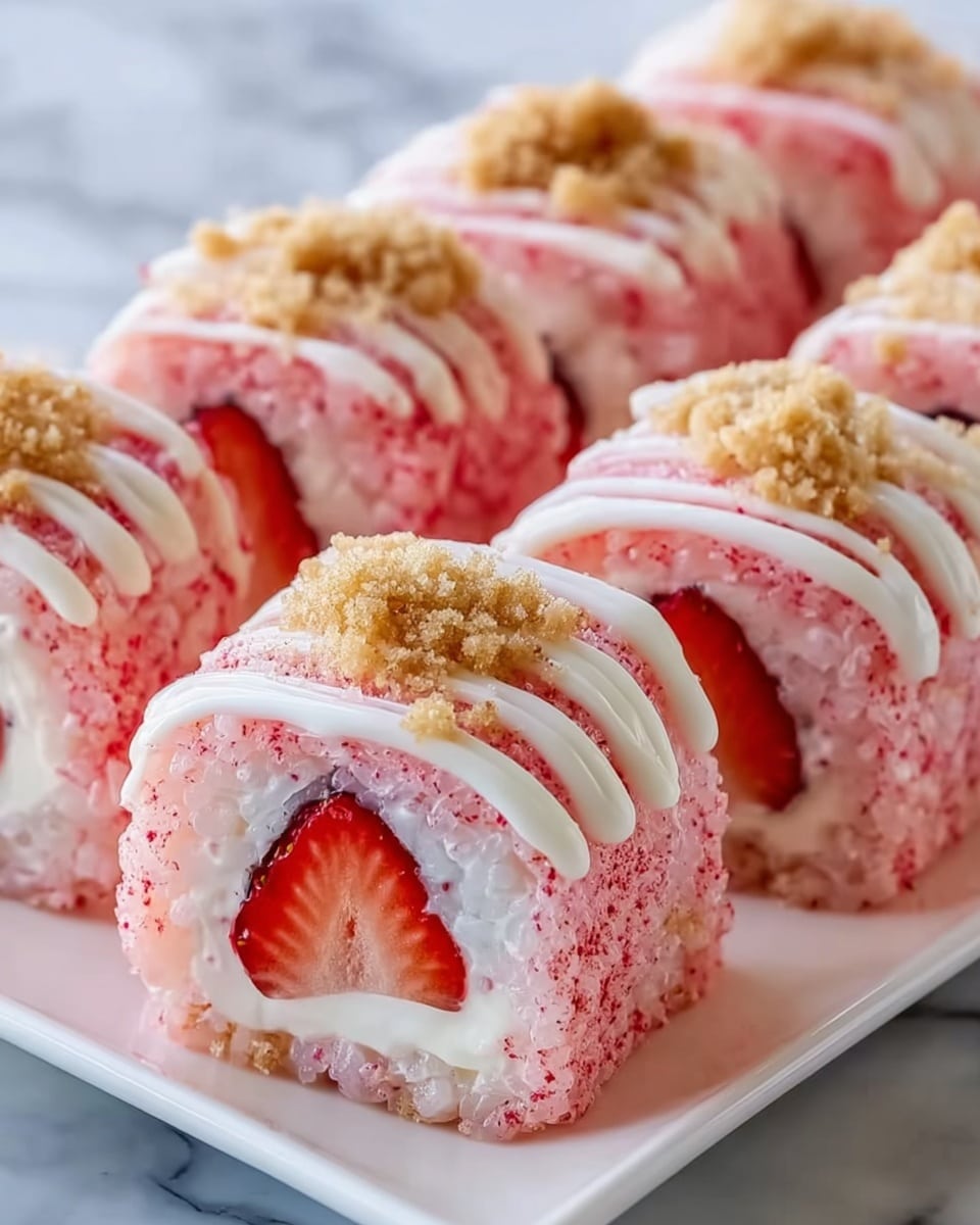 The image shows several pink strawberry roll cakes arranged in two rows on a white rectangular plate. Each roll cake has three visible layers: a soft pink sponge cake on the outside, a smooth white cream filling inside, and a bright red strawberry slice in the center. On top of each roll, there is a white icing drizzle and sprinkled light brown crumbs, adding texture. The plate is set on a white marbled surface. The photo is taken with an iphone --ar 4:5 --v 7