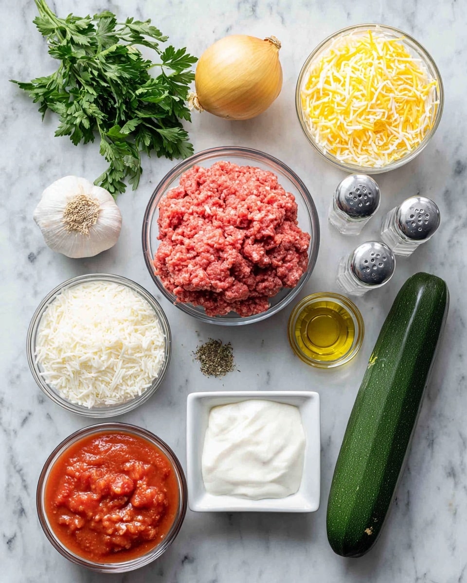 This image shows a top view of cooking ingredients arranged neatly on a white marbled surface. There are seven main items: a bunch of green parsley and a whole garlic bulb on the top left, a small yellow onion below them, and two clear glass containers holding white cooked rice and yellow shredded cheese on the right side. In the center, there is a round glass bowl filled with raw red ground meat. Below it, a white bowl holds bright red tomato sauce with visible chunks. Next to the meat is a small glass bowl with golden olive oil, a white square dish with smooth white cream, and a small glass bowl with dried herbs. A long green zucchini lies on the right side. Two clear seasoning bottles, one salt and one pepper, are placed diagonally near the top center. The setup is well-lit and clean. Photo taken with an iphone --ar 4:5 --v 7