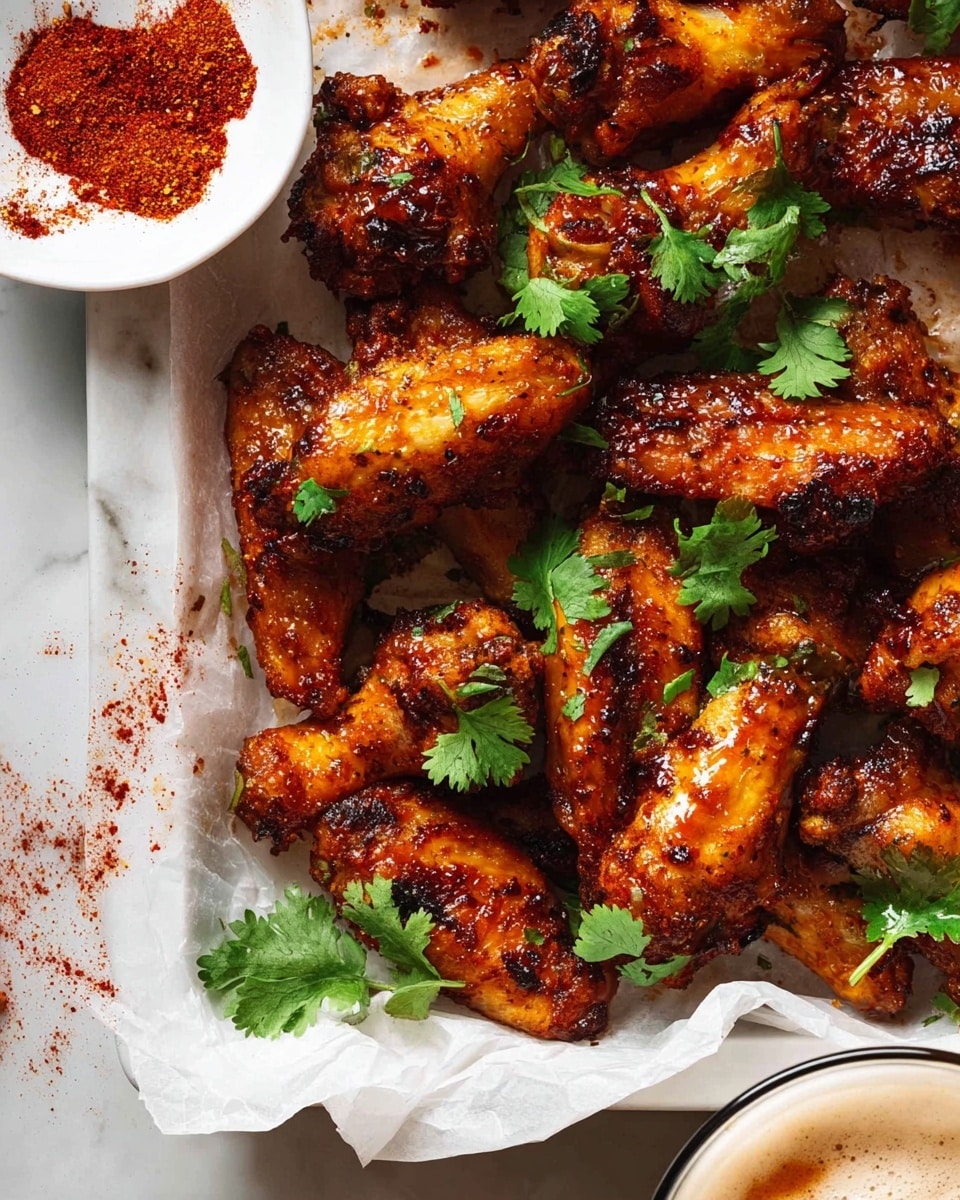 The image shows a white tray lined with parchment paper filled with golden brown, glazed chicken wings. The wings have a shiny, sticky texture with some charred spots around the edges, giving a crispy look. Bright green cilantro leaves are scattered over the wings, adding a fresh contrast. At the top left corner of the image, there is a small white bowl filled with red powdered spice, some of it spilled around on the white marbled surface. The bottom right corner shows part of a white cup filled with a frothy drink. The setting is on a white marbled background, emphasizing the rich colors of the wings and garnishes. Photo taken with an iphone --ar 4:5 --v 7