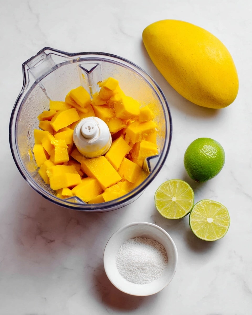 A clear blender bowl filled with bright yellow-orange mango pieces sits on a white marbled surface. To the right of the bowl, a whole yellow mango and two halves of a green lime with visible juicy pulp add fresh color contrast. Below the bowl, a small white bowl holds a fine white powder, likely sugar, completing the simple arrangement. The scene is clean and bright with a fresh look, photo taken with an iphone --ar 4:5 --v 7
