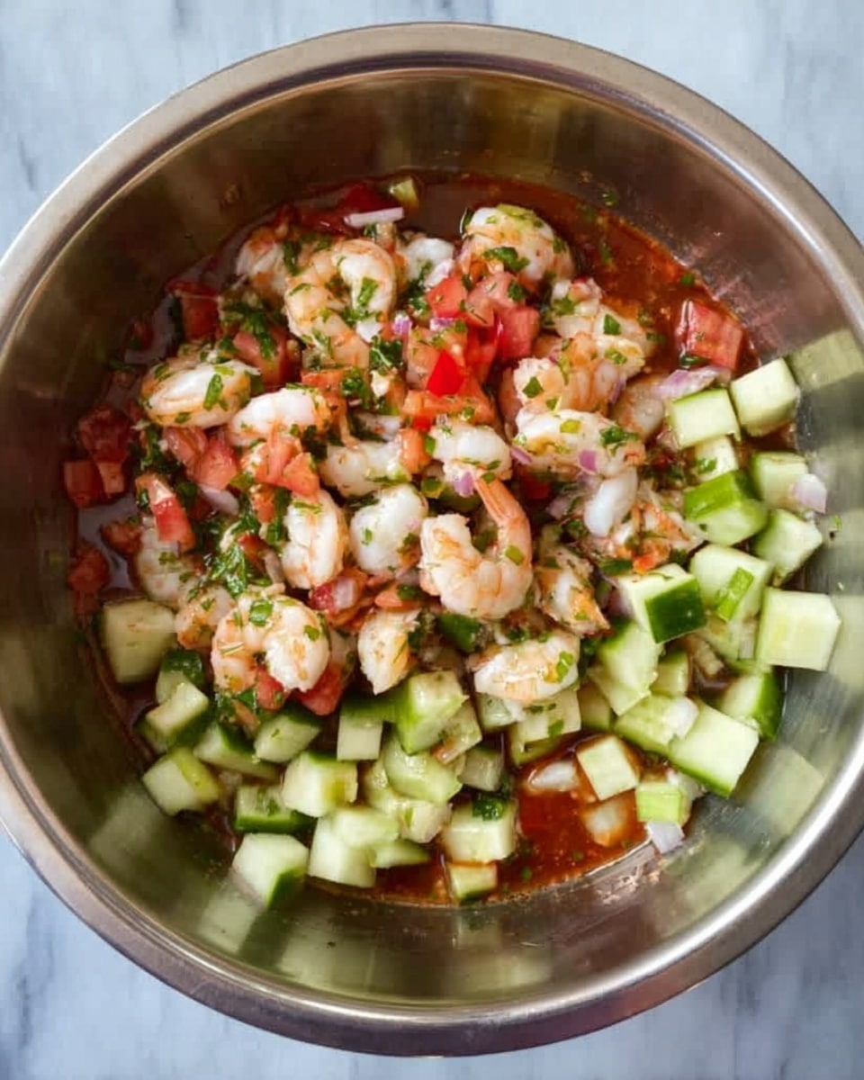 The image shows a round metal bowl filled with a mix of shrimp pieces, small cubes of cucumber, chopped tomato, and finely chopped green herbs. The shrimp pieces are white with light orange edges, scattered unevenly around the bowl. The cucumber cubes are pale green and cover one side of the bowl, while the diced tomatoes add red patches mixed among the shrimp. The herbs are sprinkled on top, adding specks of green among the vegetables. There is also a reddish-brown liquid spread lightly beneath the ingredients. The bowl is placed on a white marbled surface. photo taken with an iphone --ar 4:5 --v 7