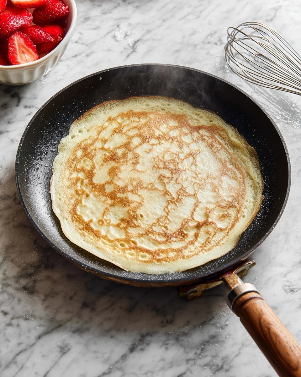 A thin, round crepe with a light golden brown pattern is cooking in a black frying pan with a wooden handle, placed on a white marbled surface. The crepe has slightly uneven edges and a soft, bubbly texture. To the left, there is a white bowl filled with sliced red strawberries, and to the right, a shiny metal whisk rests on the surface. Steam rises gently from the crepe, showing it is fresh and hot. photo taken with an iphone --ar 4:5 --v 7
