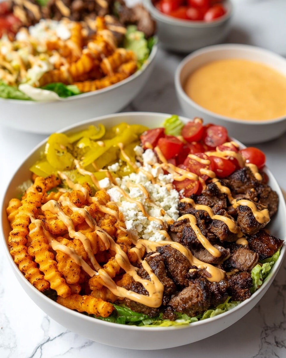 A white bowl filled with a colorful layered dish sits on a white marbled surface. The bottom layer is a mix of green leafy lettuce, topped with bright yellow pickled peppers on the left side. Next to them, there are halved red cherry tomatoes on the upper right. On the right side, there are dark brown grilled meat pieces with a slightly charred texture, drizzled with a creamy light orange sauce. Below the meat and partly on the left, a pile of golden-orange crinkle-cut fries with some charred spots is also drizzled with the same sauce. In the center, on top of the lettuce and fries, there is a small heap of white cheese crumbles. The scene includes a blurred bowl of similar contents and a bowl of light orange sauce in the background. Photo taken with an iphone --ar 4:5 --v 7