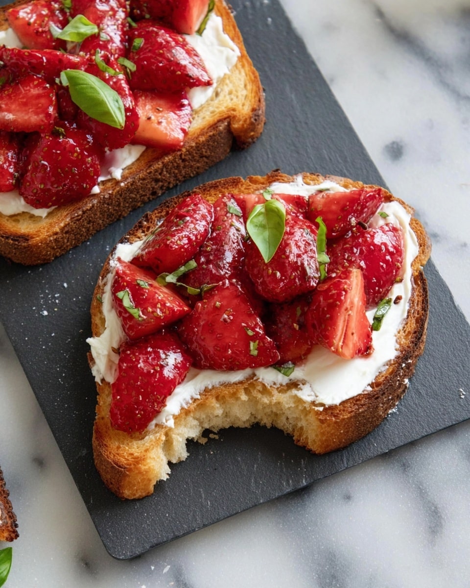 Two pieces of toasted bread each have three layers: the bottom layer is golden-brown toasted bread with a rough texture, the middle layer is thick, white creamy spread evenly covering the bread, and the top layer is bright red strawberries with a shiny glaze placed in clusters. Small green basil leaves are scattered on top of the strawberries. The toast is on a dark slate board that rests on a white marbled surface. One piece of toast has a bite taken from the corner, showing the layers clearly. Photo taken with an iphone --ar 4:5 --v 7