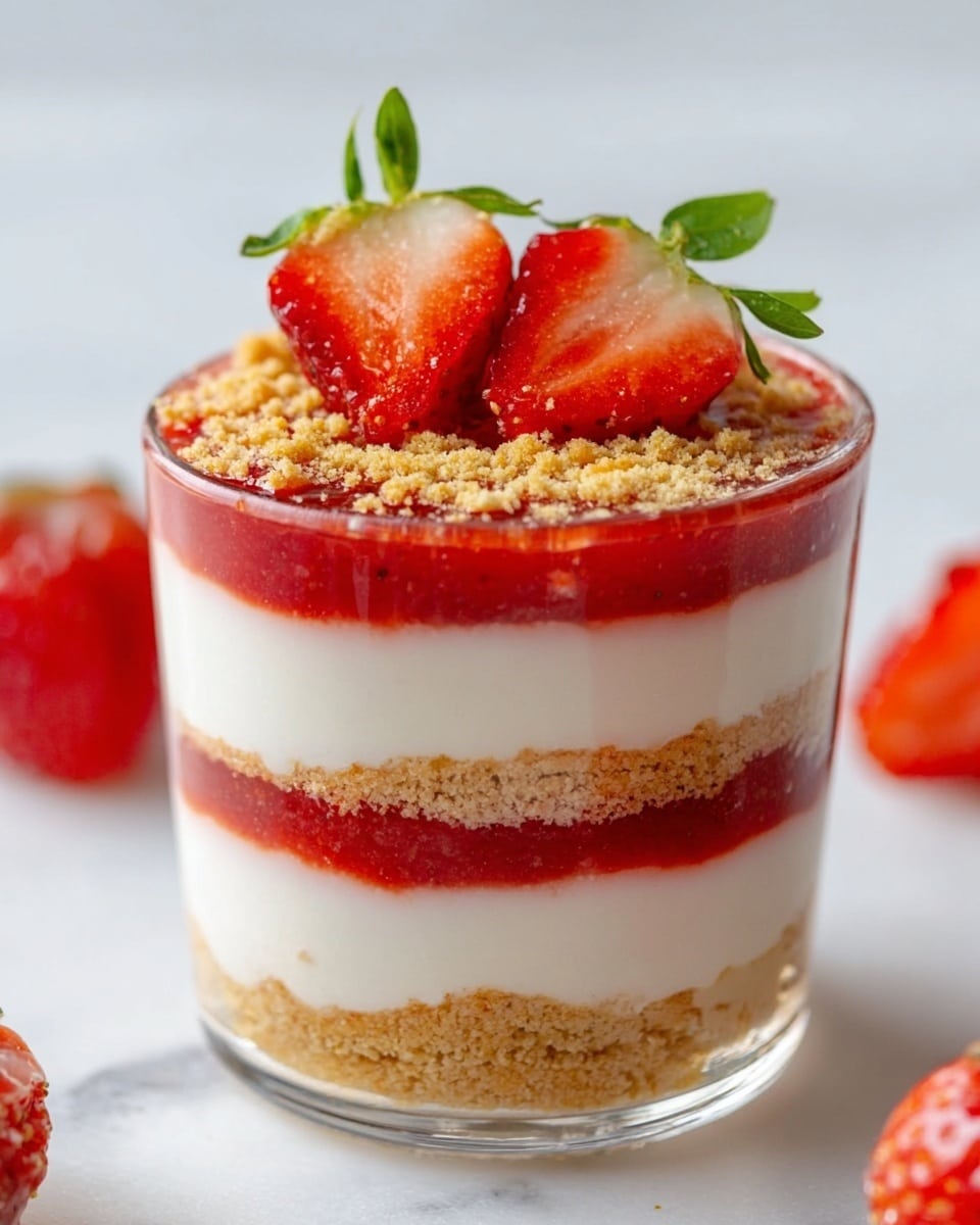 This image shows a clear glass cup with three visible layers. At the bottom, there is a crumbly light brown layer that looks like crushed cookies. Above it, there is a thick white layer with a smooth and creamy texture. The middle layer is a bright red strawberry sauce that runs evenly around the white layer, adding a shiny and slightly translucent look. On top, there is another creamy white layer, followed by a sprinkle of crushed crumbs. Two fresh red strawberry halves with green leaves sit on the very top as decoration. The cup is on a white marbled surface, and the whole scene looks bright and clean. photo taken with an iphone --ar 4:5 --v 7