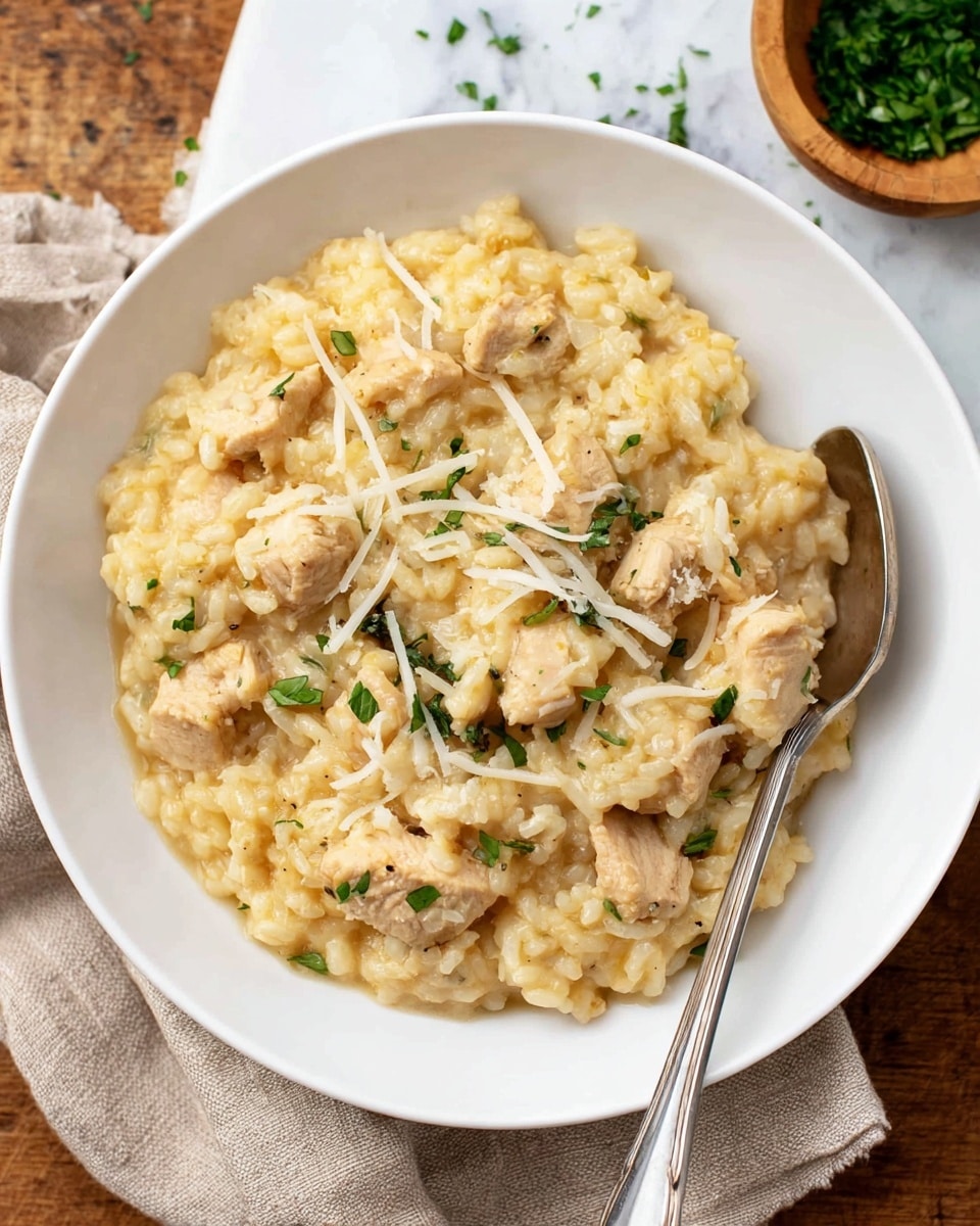 A white bowl filled with a creamy, light yellow risotto mixed with tender, light brown chicken chunks. The risotto is soft and slightly glossy, with small bits of green herbs scattered on top. Thin, white cheese shreds are spread over the dish, adding texture. A silver spoon is placed inside the bowl on the right side. The bowl sits on a white marbled surface with a beige cloth napkin under part of it, and a small wooden bowl of chopped green herbs is visible in the background. Photo taken with an iphone --ar 4:5 --v 7