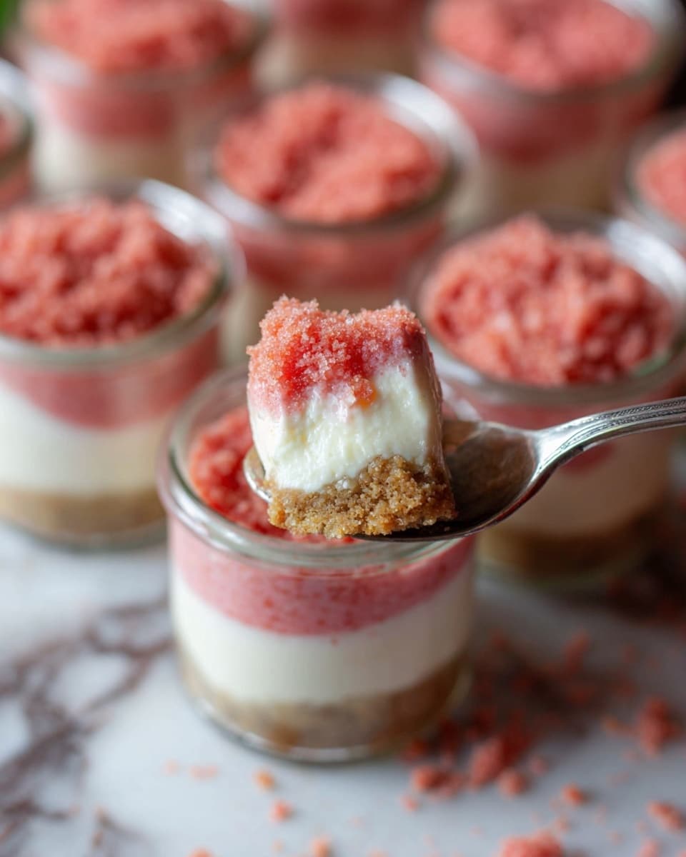 The image shows a close-up of a spoon holding a portion of a dessert with three clear layers: the bottom layer is a crumbly light brown base, the middle layer is a creamy white filling, and the top layer is a coarse pink crumb topping. In the background, there are several small clear glass jars filled with the same dessert, each displaying the three distinct layers with the pink crumb topping on top. The jars and spoon rest on a surface with a white marbled texture. Photo taken with an iphone --ar 4:5 --v 7