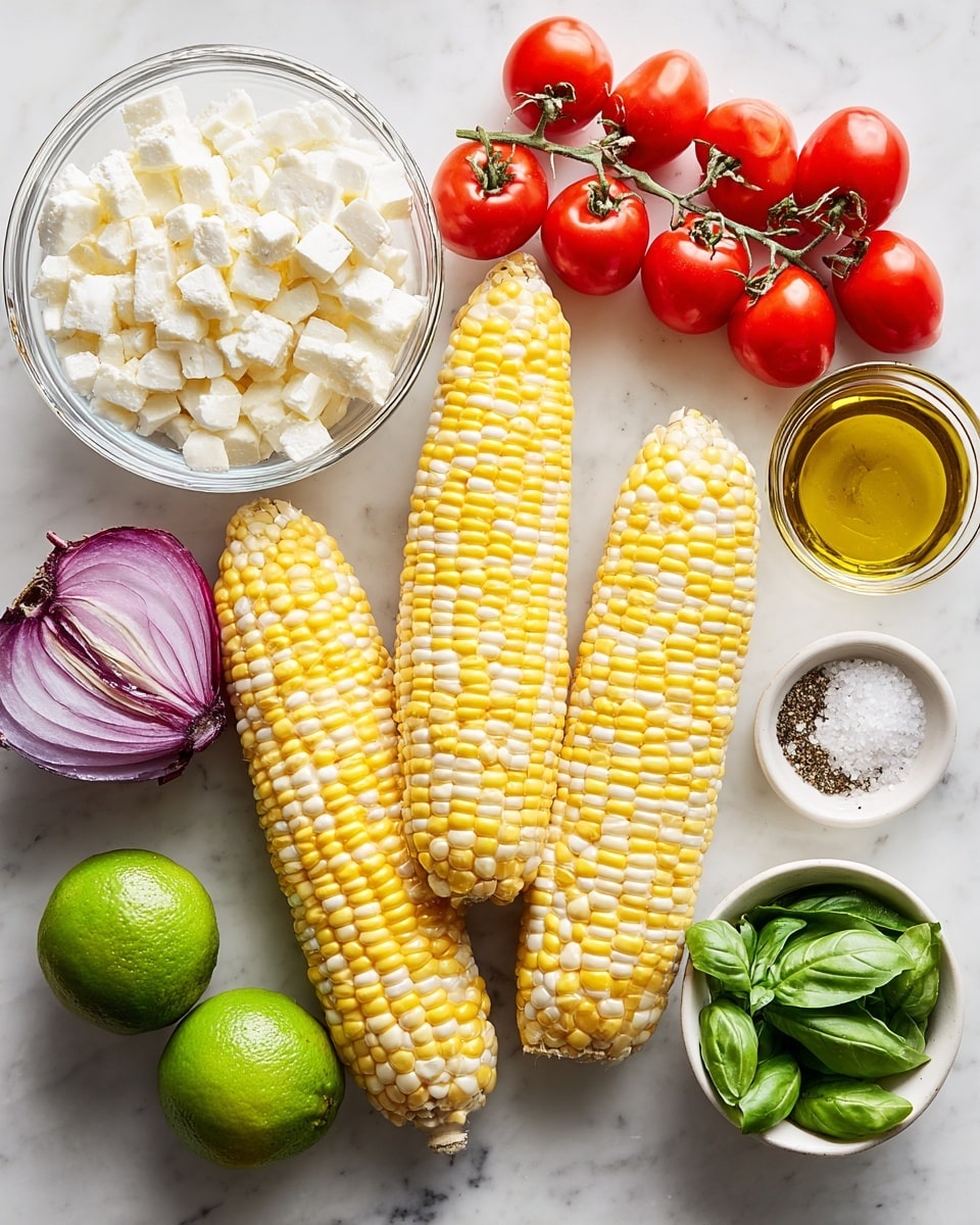 The image shows three ears of corn with yellow and white kernels placed side by side on a white marbled surface in the center. To the left of the corn, there is a clear glass bowl filled with white chunks of cheese, and below it sits a whole purple onion and a green lime. Above the corn, there is a bunch of bright red cherry tomatoes still on their vine. To the right of the corn, there is a small white bowl with fresh green basil leaves, a small clear container holding light brown oil, a small clear bowl filled with coarse white salt, and another small clear bowl containing black pepper. Everything is arranged neatly and brightly lit. photo taken with an iphone --ar 4:5 --v 7
