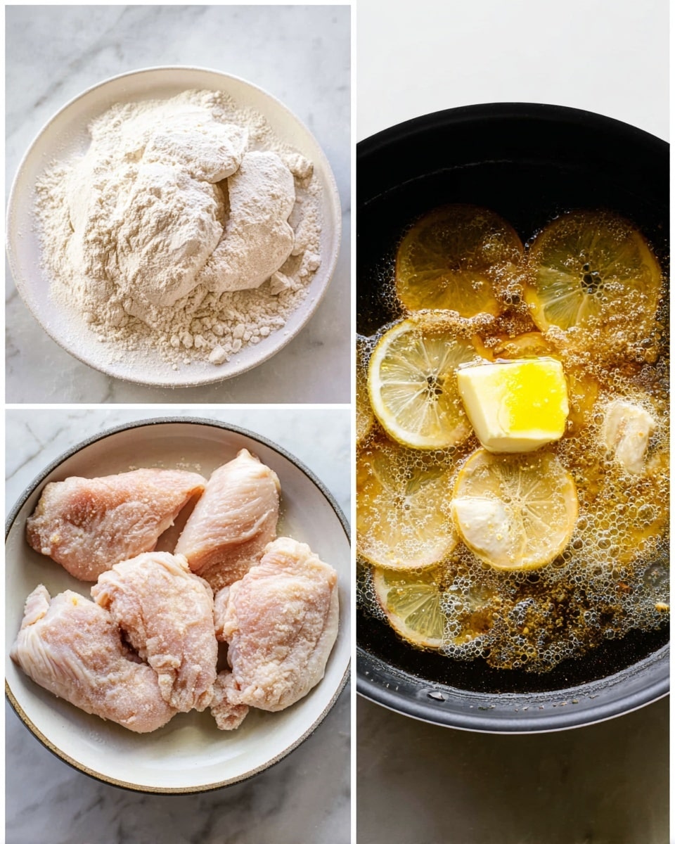 The image shows three steps of cooking chicken. On the left, there is a white plate with raw chicken pieces being coated in light-colored flour, with one piece fully floured and another partially covered, resting on a white marbled surface. In the middle, four flour-coated chicken pieces are being cooked in a black pan with a yellow chunk of butter melting beside them, the chicken having a slightly textured, pale pink surface. On the right, the pan contains a bubbling, golden brown sauce with thin lemon slices and some melted butter, creating a mix of smooth and bubbly textures. Photo taken with an iphone --ar 4:5 --v 7