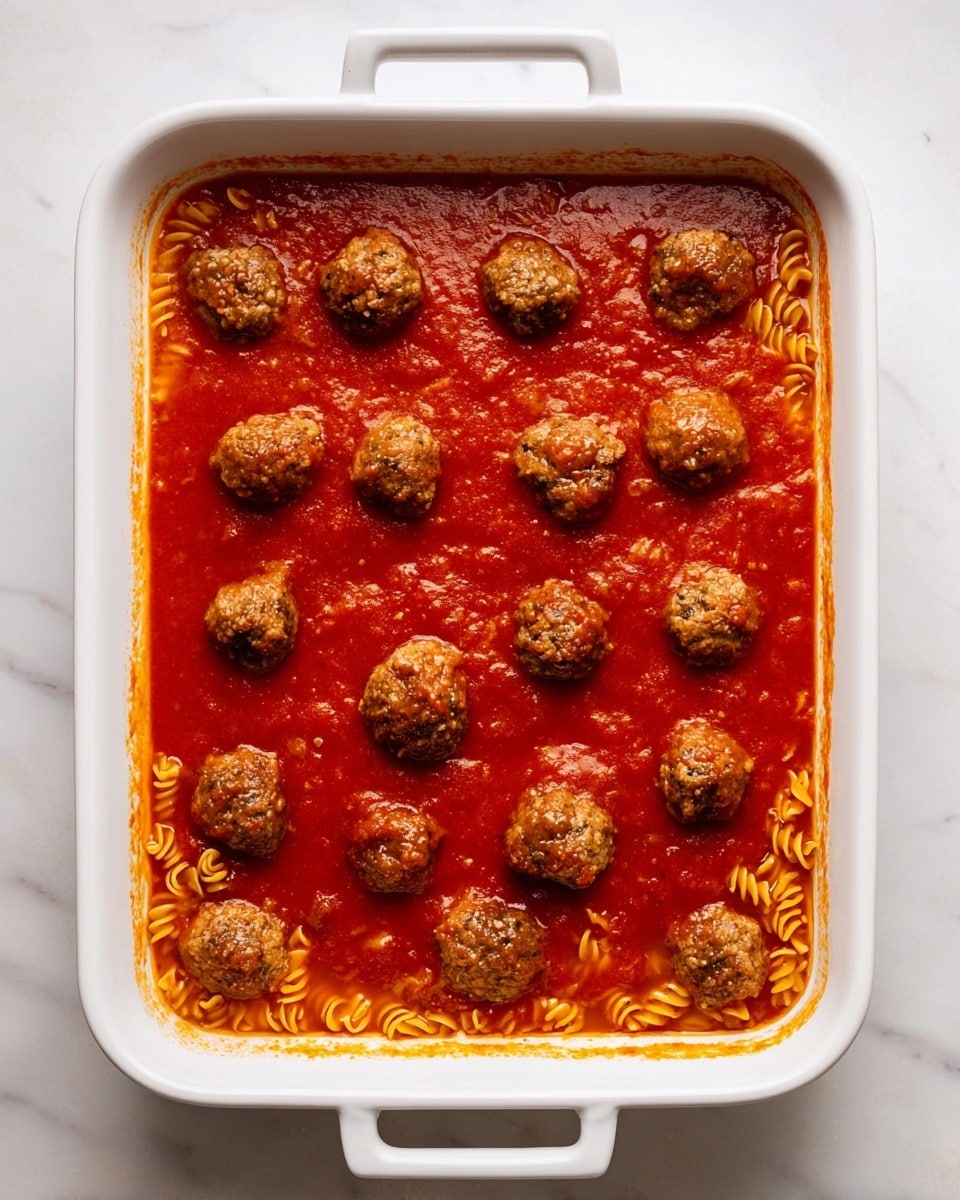 The image shows a white rectangular baking dish filled with a bright red tomato sauce. Small brown meatballs are evenly spaced on top of the sauce, showing a rough texture. Below the sauce, some spiral pasta pieces are visible, peeking through the edges and scattered slightly throughout the dish. The baking dish is placed on a white marbled surface that has a clean and smooth look. The sauce has a slightly oily shine at the edges, and the dish’s handles are visible on each side. photo taken with an iphone --ar 4:5 --v 7