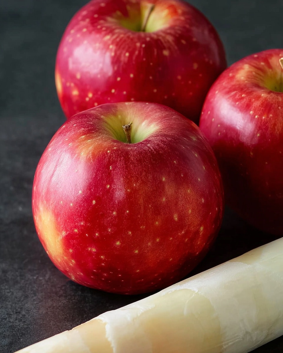 The image shows three shiny red apples with small yellow spots placed close together on a dark surface behind a single long, curved white vegetable, likely a white asparagus, that lies horizontally at the front. The apples have smooth, glossy skin and appear fresh and ripe. The background is simple and dark, emphasizing the bright red color of the apples and the pale texture of the white vegetable. photo taken with an iphone --ar 4:5 --v 7