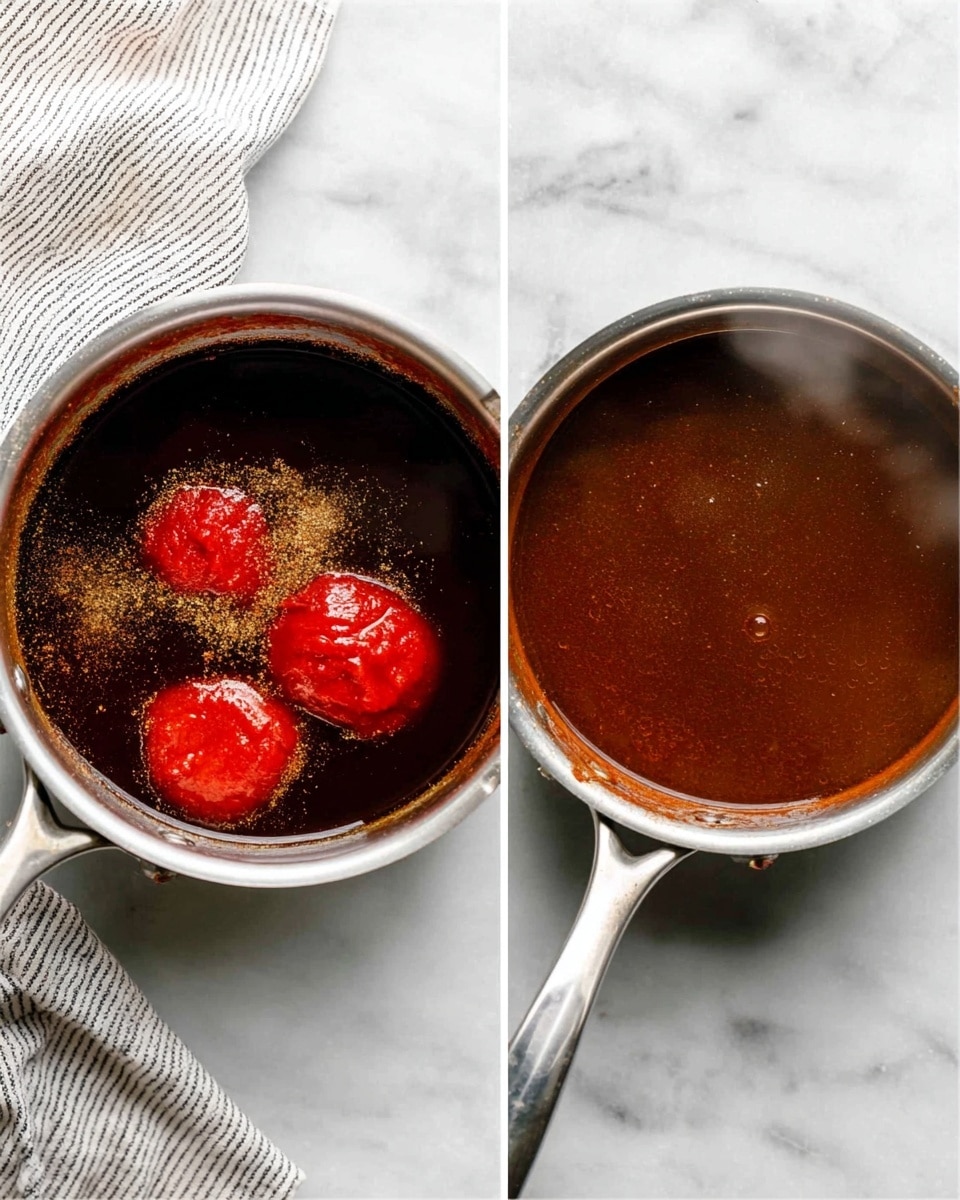The image shows two small saucepans placed on a white marbled surface, each filled with a dark reddish-brown liquid sauce. The left saucepan contains several bright red dollops of thick sauce and a light brown sprinkle of dry seasoning on top, floating on a darker, smooth liquid base. The right saucepan features a more homogenous dark brown liquid with a smooth, slightly shiny top layer, showing some steam rising, indicating heat. The saucepans are metallic with plain handles visible, and the background includes a white and gray striped cloth behind them. photo taken with an iphone --ar 4:5 --v 7