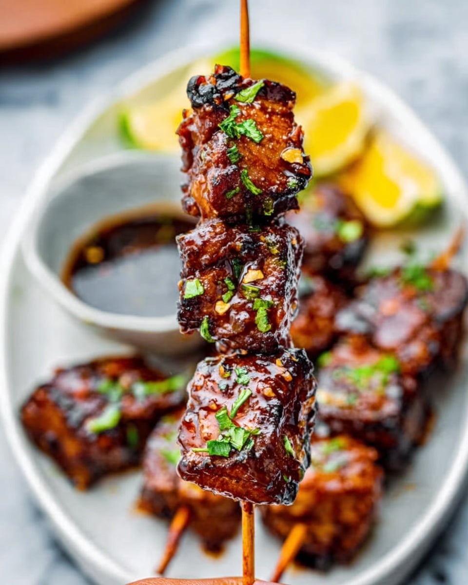 The image shows a close-up of a skewer with four pieces of grilled meat, glazed with a shiny dark brown sauce. Each piece is thick and slightly charred, showing caramelized edges with fresh green herbs sprinkled on top. The skewer is held vertically by a woman's hand, above a white oval plate filled with more skewers resting on a white marbled surface. In the background, there is a small white bowl with a dipping sauce and a few lemon wedges beside it. The light highlights the glossy texture of the sauce and the juicy meat fibers. photo taken with an iphone --ar 4:5 --v 7