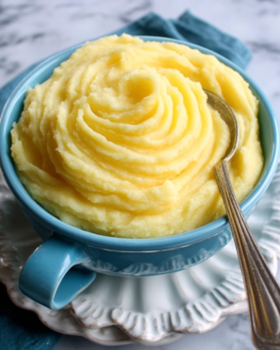 A white bowl filled with smooth, creamy custard that has a soft yellow color and swirled texture on top. A wooden spoon is placed inside the bowl, resting on the smooth custard with a woman's hand holding the spoon handle. The bowl sits on a beige cloth on a white marbled surface, with a vanilla pod and lemon visible nearby. Photo taken with an iphone --ar 4:5 --v 7