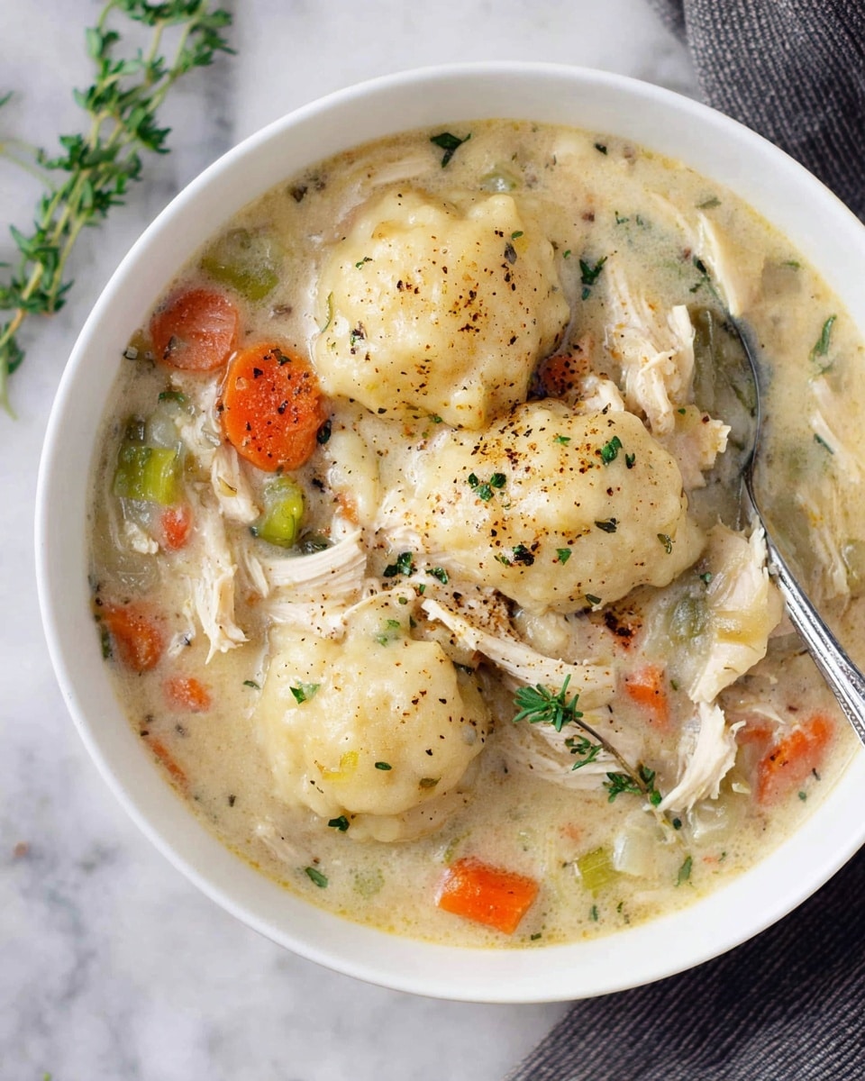 A white bowl placed on a white marbled surface holds a creamy chicken and dumpling stew. The stew has visible shredded pieces of light brown chicken mixed with soft orange carrot slices and small green pieces of celery. Three round, pale yellow dumplings float on top, sprinkled with black pepper. The thick broth is light beige with hints of green from herbs and vegetables. A small green thyme sprig lies on top near the center dumpling. There is a silver spoon at the edge of the bowl. Photo taken with an iphone --ar 4:5 --v 7