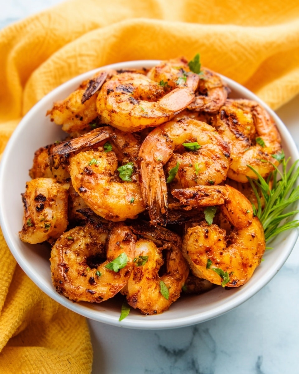 A white bowl is filled with a stack of cooked shrimp that have a golden-brown color with visible grill marks and a slightly crispy texture. The shrimp are topped with small pieces of green herbs for a fresh look. The bowl sits on a white marbled surface, and behind it is a soft yellow cloth that adds a warm tone to the image. photo taken with an iphone --ar 4:5 --v 7