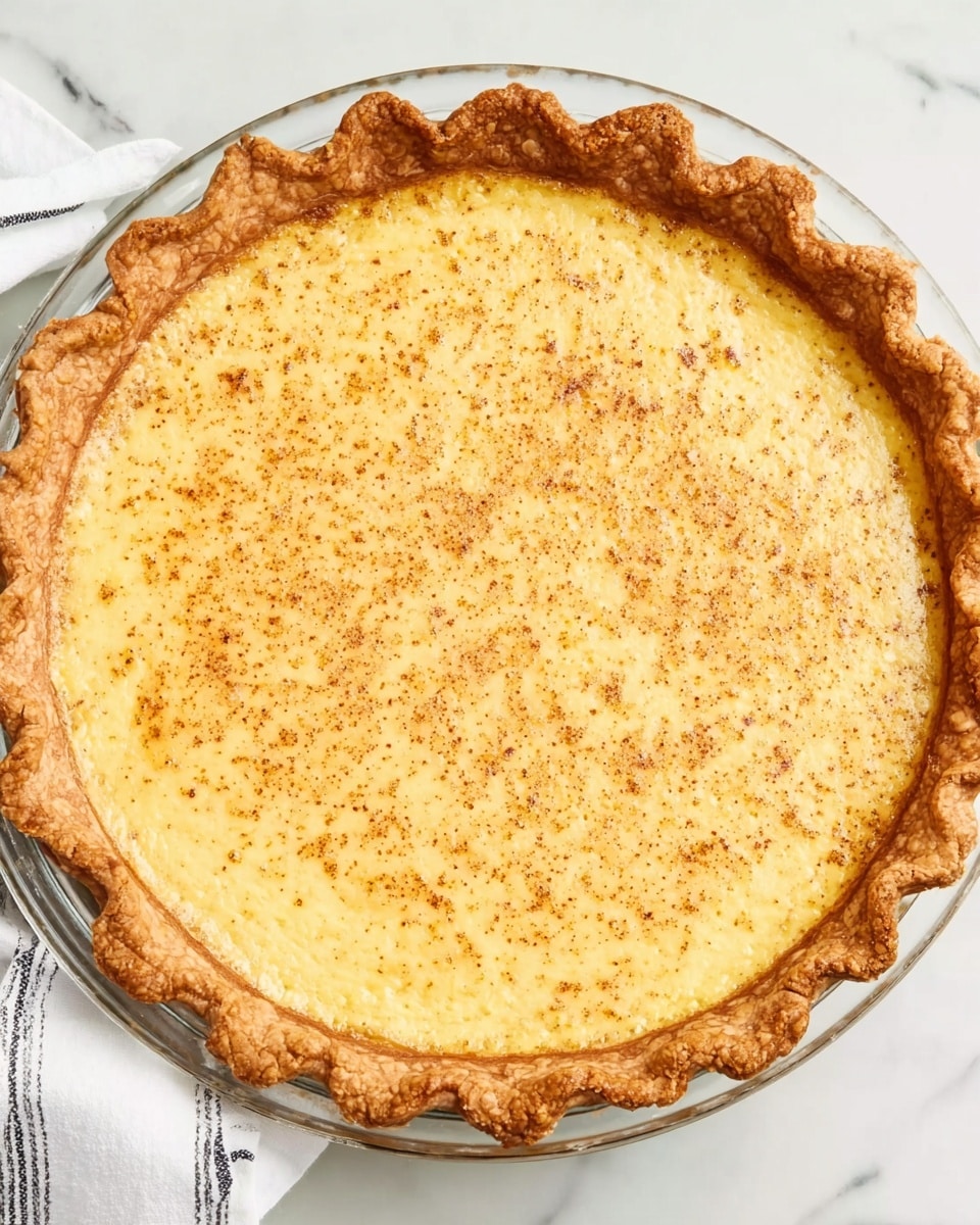 A round pie with a light golden-brown crust that has a slightly wavy edge around the whole pie. The filling is a smooth pale yellow color with small brown specks spread evenly on the surface, giving it a slightly textured look. The pie is in a clear glass pie dish sitting on a white marbled surface, with a corner of a white cloth with black stripes visible at the bottom left side. Photo taken with an iphone --ar 4:5 --v 7