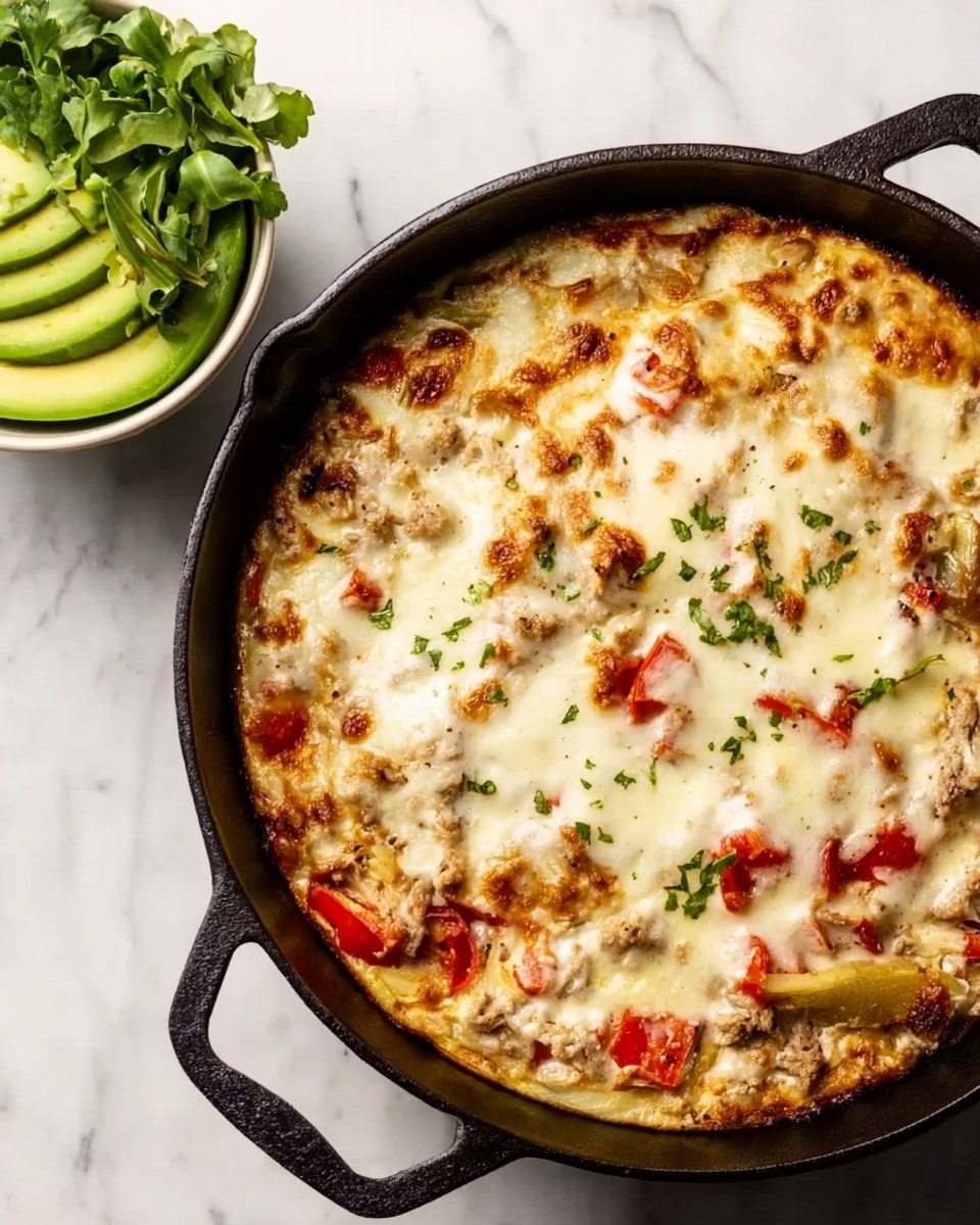 A round black cast iron pan filled with a baked dish that has a top layer of melted, creamy white cheese with some golden brown spots. Below the cheese, there are pieces of light beige cooked meat and bits of red tomato chunks mixed throughout. Next to the pan, there is a small white bowl with green avocado pieces and fresh green leaves on a white marbled surface. Photo taken with an iphone --ar 4:5 --v 7