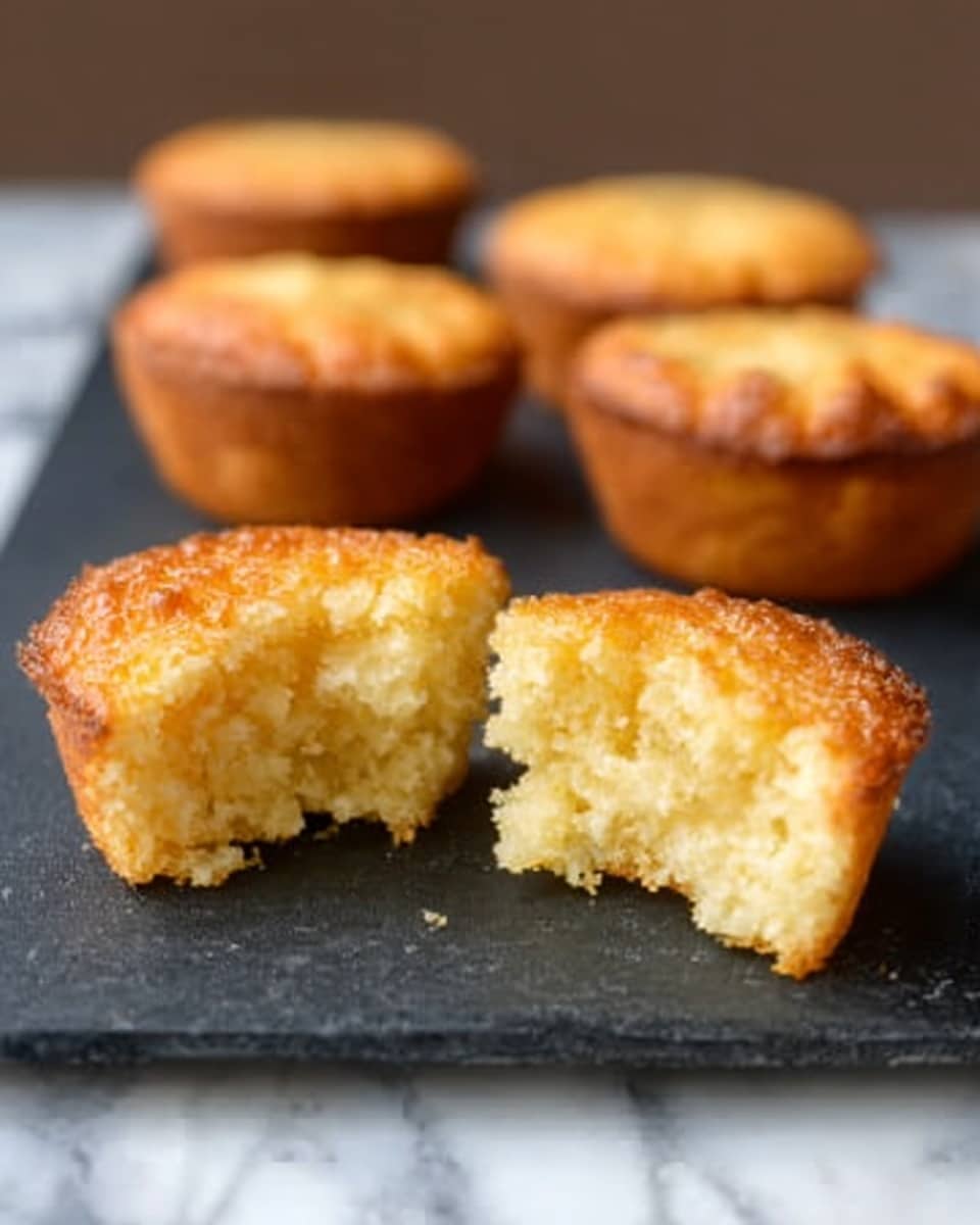 The image shows four small round muffins with a golden brown top and light yellow inside, arranged on a dark slate board. One muffin is broken in half in the front, showing the soft, crumbly texture inside. The background is a white marbled surface, and the focus is on the muffins with some blurred muffins in the back. The scene looks simple and cozy. Photo taken with an iphone --ar 4:5 --v 7