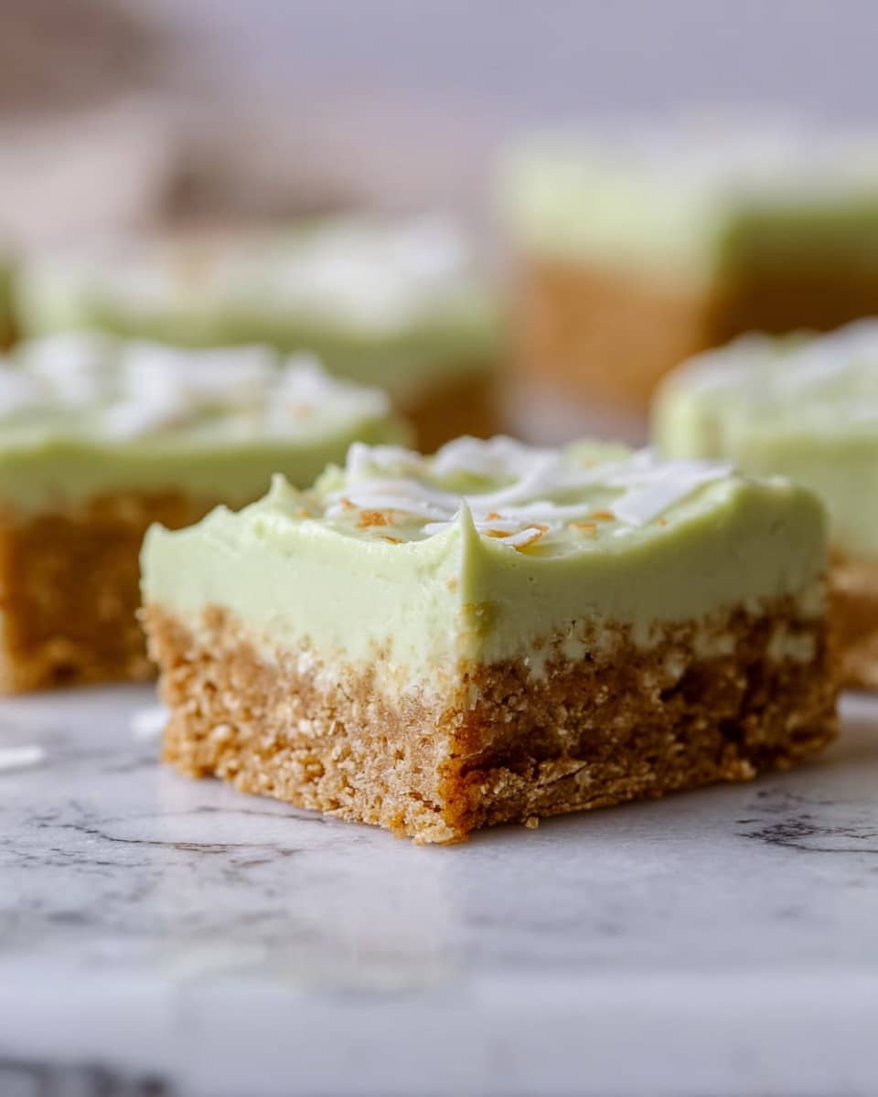 The image shows rectangular lime bars on a white marbled surface, each bar with two clear layers: a thick brown base layer that looks crumbly with visible small bits, and a smooth, pale green top layer that is creamy and finished with white shredded coconut sprinkled on it. Around the bars, there are green lime halves, and one piece is being held from the side by a woman's hand. The overall look is fresh and bright, with soft textures contrasted by the crunchy base and the smooth green layer. photo taken with an iphone --ar 4:5 --v 7