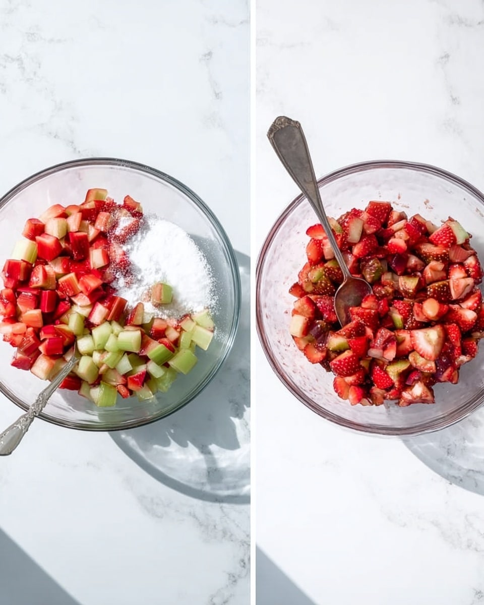 The image shows two clear glass bowls on a white marbled surface. The left bowl is filled with four sections of ingredients: chopped light green and red rhubarb, bright red chopped strawberries, white granulated sugar, and a small pile of white powder. A silver fork is placed to the top right of this bowl. The right bowl contains the same ingredients mixed together, showing a blend of red and green colors from the fruit pieces and a shiny texture from the mix, with a silver spoon standing inside the bowl. The lighting is bright and natural, highlighting the fresh, colorful fruit mix photo taken with an iphone --ar 4:5 --v 7