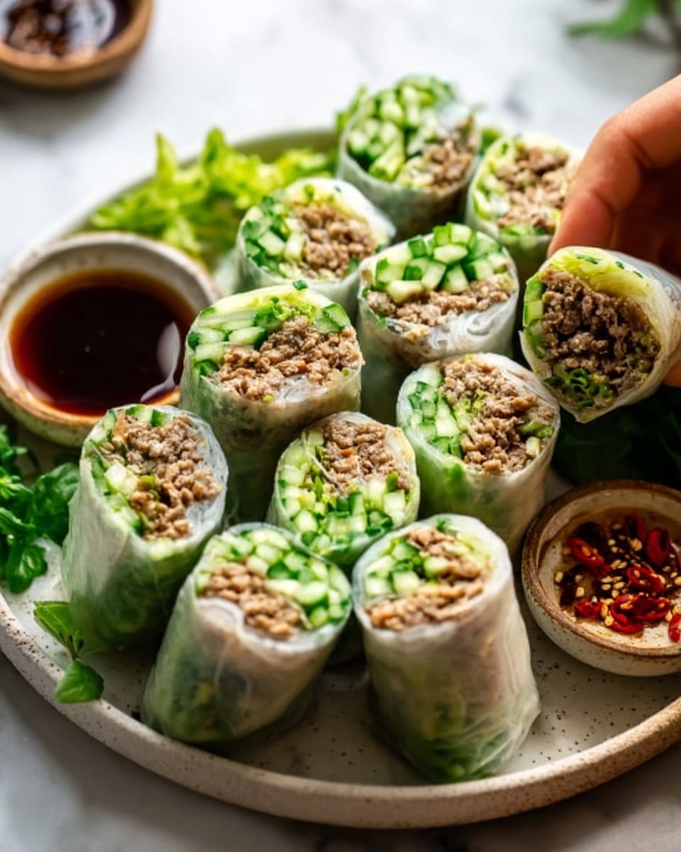 The dish shows a close-up of four spring rolls placed side by side on a long white plate. Each spring roll has a translucent, slightly shiny wrapper that reveals a dark brown cooked filling with green leafy herbs and small bright red slices inside. Fresh green herbs, including mint leaves, are inside and on top of the rolls, adding a vibrant touch. In the background, there is a small white rounded bowl with a dark dipping sauce that has visible chopped ingredients floating in it. The setting features a white marbled surface beneath the plate. The photo is detailed and sharp, taken with an iphone --ar 4:5 --v 7