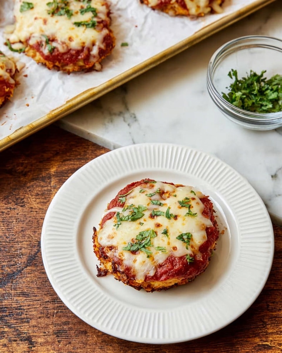 A single serving of a round dish sits centered on a white plate with ridged edges. It has three visible layers: the bottom layer is a crispy, dark golden brown base; the middle layer is a thick, bright red sauce; the top layer is melted white cheese with light brown spots and small green herb pieces sprinkled across it. Nearby, a gold-colored baking tray holds three more of these dishes on white parchment paper, showing the same layers and toppings. To the right, a small clear glass bowl contains chopped green herbs. The whole setting rests on a wood surface with a white marbled background. Photo taken with an iphone --ar 4:5 --v 7