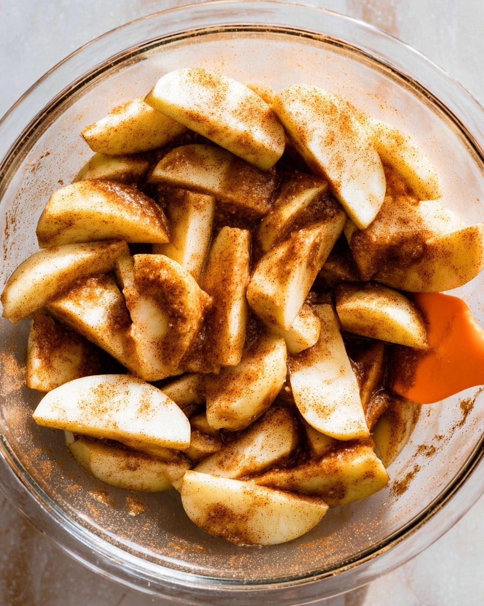 A clear glass bowl filled with many apple slices coated evenly with a cinnamon-brown sugar mixture. The apple slices are cut into thick, uniform wedges, showing a mix of creamy white and light brown color from the spice coating. The texture appears soft yet firm, with the cinnamon powder giving a slightly grainy look on the surface of each slice. The bowl sits on a white marbled surface, and there is an orange spatula partially visible on the right side inside the bowl. The lighting is bright and natural, highlighting the glossy coating on the apples. photo taken with an iphone --ar 4:5 --v 7