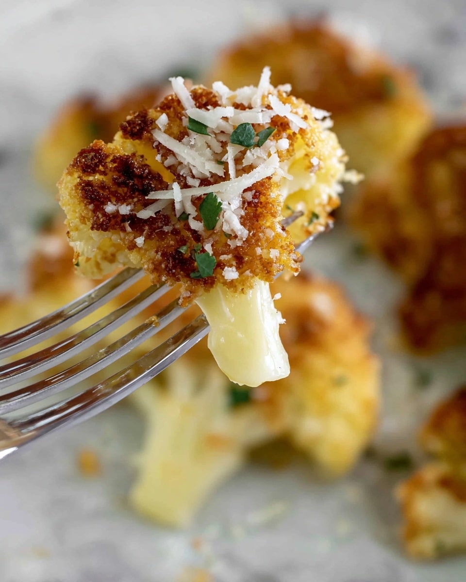 A close-up of a fork holding a small piece of cauliflower with a golden brown top layer of crispy roasted crust. The crust is sprinkled with finely grated white cheese and small green herb leaves. The cauliflower underneath is a pale yellow, showing soft but firm texture, and the fork is silver. In the blurred background, more pieces of the roasted cauliflower dish can be seen resting on a surface with a white marbled texture. photo taken with an iphone --ar 4:5 --v 7