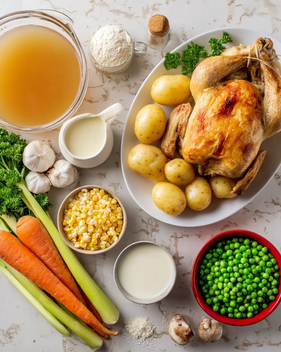 The image shows a white oval plate with a whole roasted chicken that is golden brown and crisp on top, placed on a white marbled surface. Around the plate are three medium yellow potatoes, a bunch of fresh green parsley, a few white mushrooms, three orange carrots, a stalk of bright green celery, a yellow onion, and three garlic cloves. There is a small white cup of cream, a small pile of white flour, and a block of butter near the vegetables. A glass bowl with light brown broth, a small white bowl with yellow corn kernels, and a small red bowl filled with green peas are also placed nearby. Photo taken with an iphone --ar 4:5 --v 7