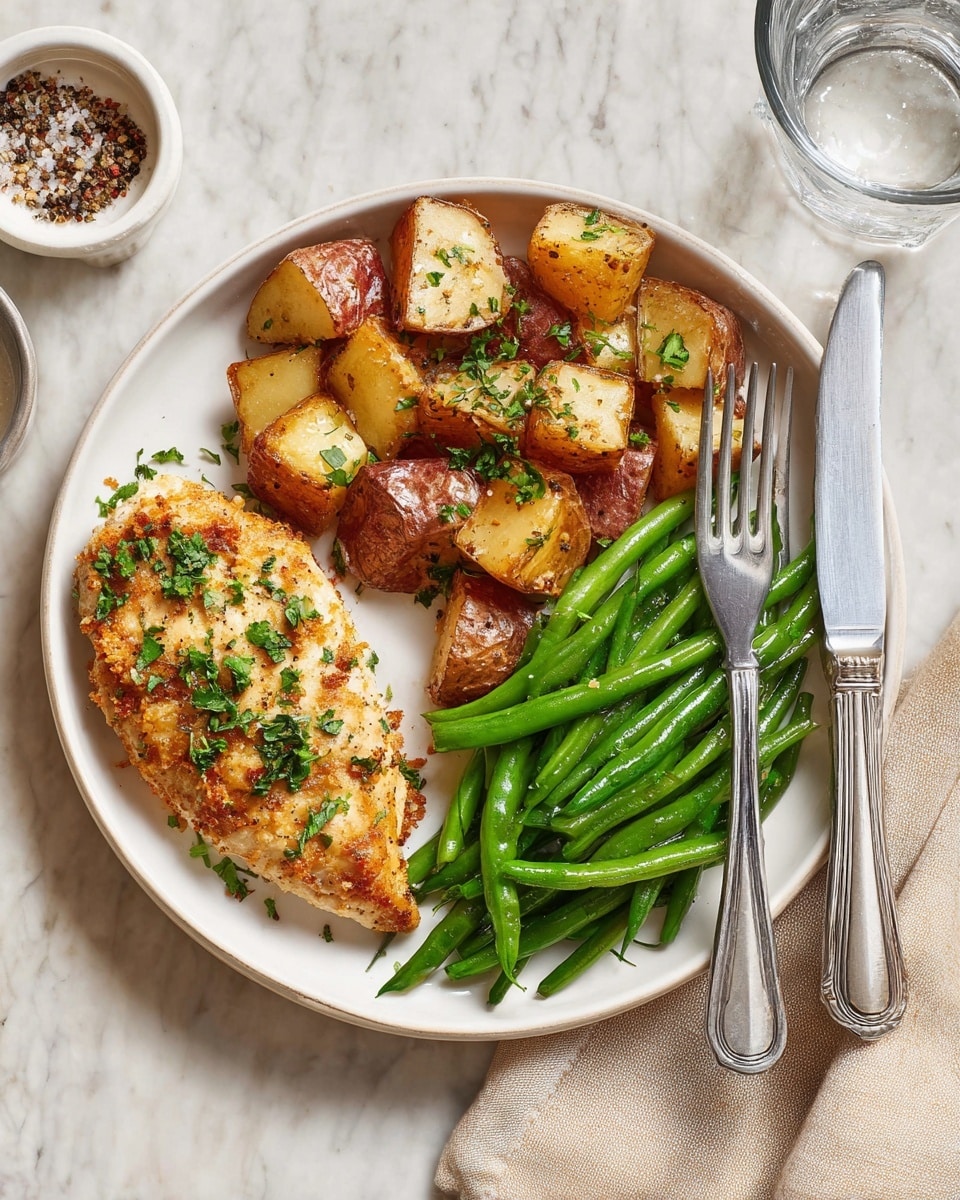 A white plate filled with three sections: on the left, a golden-brown crusted piece of chicken topped with small green parsley bits; on the top right, several chunky roasted potato pieces with a crisp brown outside and garnished with green parsley; on the bottom right, a neat pile of shiny green beans with a slightly oily texture. A silver fork and knife rest beside the potatoes at the edge of the plate. The plate sits on a white marbled surface with a glass of water nearby and a small white bowl of mixed pepper and salt visible in the bottom left corner of the image. Photo taken with an iphone --ar 4:5 --v 7