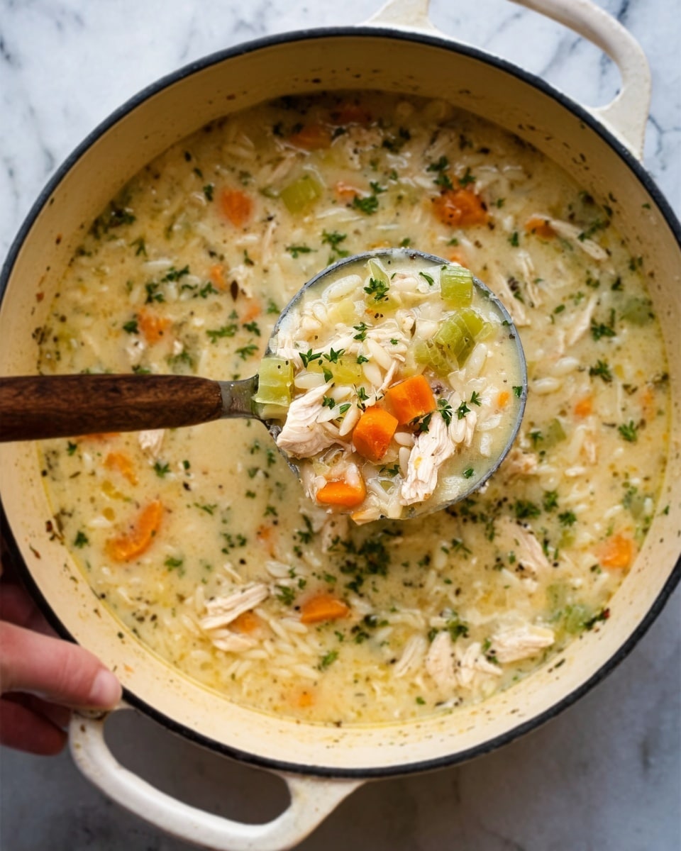 A white pot filled with a creamy soup containing visible chunks of cooked chicken, small pieces of orange carrot, pale green celery, and light-colored small pasta or rice. The soup looks thick and creamy with some herbs sprinkled on top. A ladle is scooping the soup inside the pot, and a woman's hand is holding the pot from the side. The pot is placed on a white marbled surface. Photo taken with an iphone --ar 4:5 --v 7