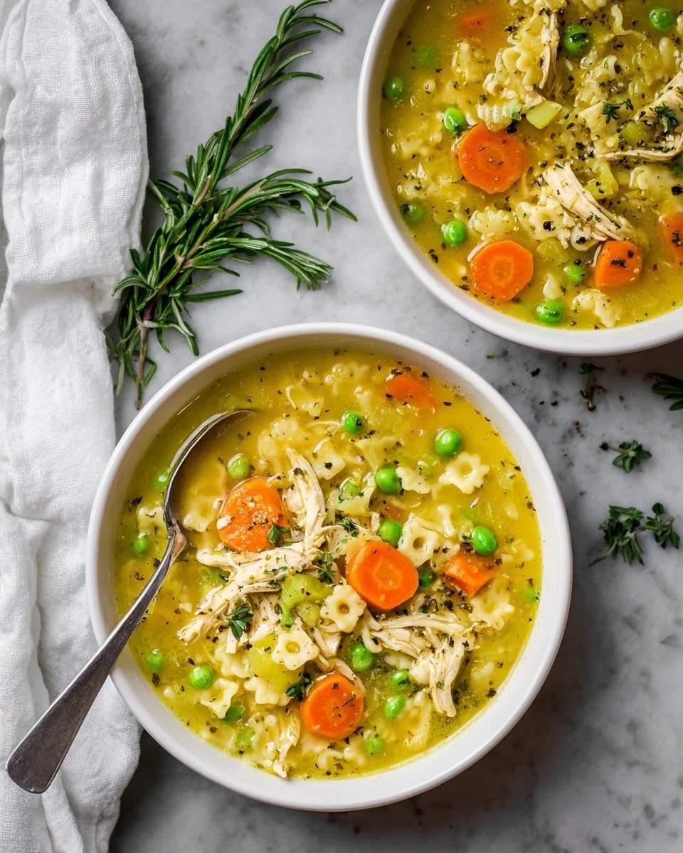 Two white bowls filled with a yellow broth soup containing shredded chicken, small round pasta, bright orange carrot slices, and green peas. The soup’s ingredients float in a light, slightly thick liquid base with visible bits of celery and herbs. One bowl has a silver spoon placed inside, resting against the edge. The bowls sit on a white marbled surface with a white cloth and fresh rosemary sprigs placed beside them. The overall look is warm and inviting, with natural light enhancing the colors and textures photo taken with an iphone --ar 4:5 --v 7