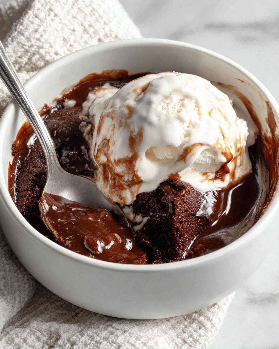 A white baking dish filled with a thick, dark brown chocolate dessert, showing a rich, dense texture with a moist, glossy layer of melted chocolate oozing from a square piece being lifted by a spatula with a wooden handle; the dessert has a cracked, slightly crumbly top layer with visible chocolate chunks inside, and the melted chocolate pools gently around the edges of the cut sections, all set on a white marbled surface photo taken with an iphone --ar 4:5 --v 7