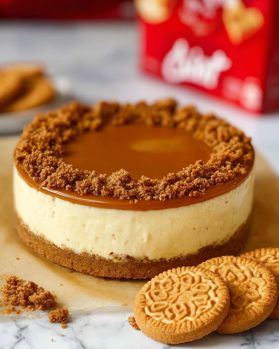 A round three-layered dessert sits on light brown parchment on a white marbled surface. The bottom layer is a dense, golden brown cookie crust. The middle layer is a thick, smooth cream layer with a pale yellow color. The top layer has a shiny caramel-colored spread in the middle and a ring of darker, crumbly cookie crumbs around the edge. To the right of the dessert are several whole caramel-colored cookies with detailed patterns. The background is blurred but shows red packaging. photo taken with an iphone --ar 4:5 --v 7